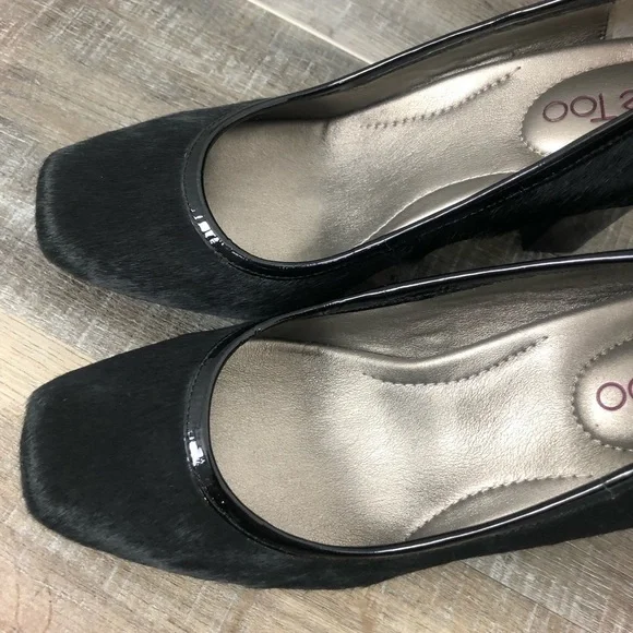 ME TOO Petal 9 Calf Hair Leather Black Patent Leather Heels Size 7.5 - Picture 5 of 10